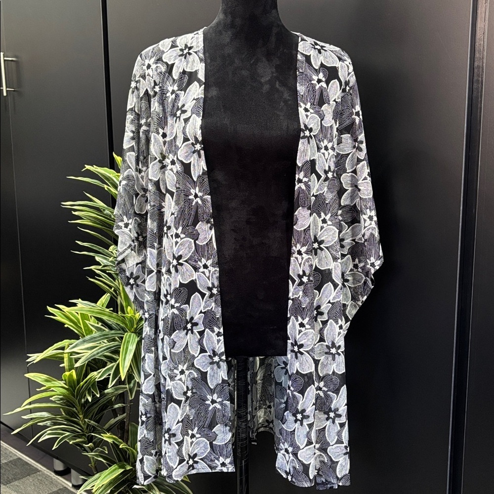 Brittany Black Duster,cover up,sheer embroidered floral print,mid sleeve